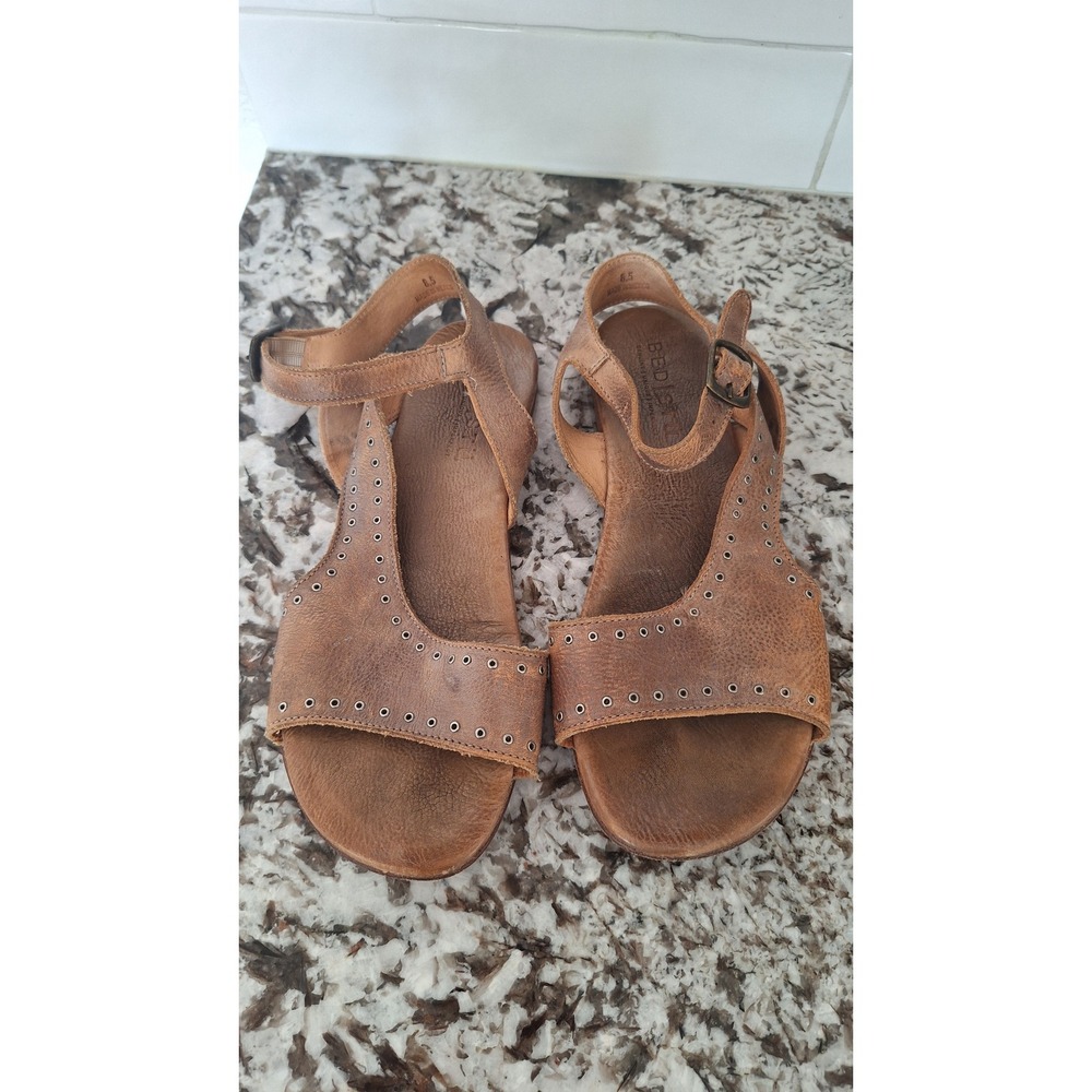 Bed Stu Tan Leather Grommet Flat Sandals Womens 8.5 Brown Ankle Strap Boho